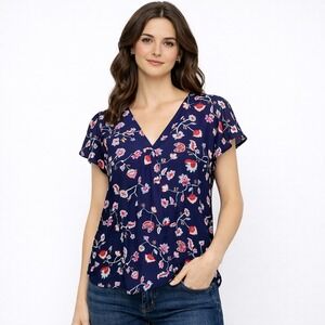 Dalia Navy‎ Red Floral Sleeveless Blouse Size Medium  Ruffle Cap Sleeves